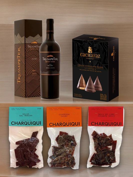 Wine Trumpeter Malbec + Charquiqui Set 210 gr + Box of Conitos Cachafaz (12 Conitos)