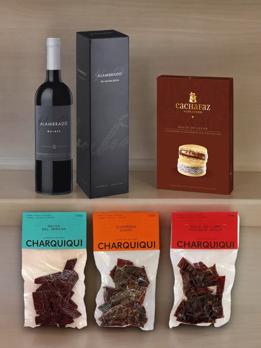 Wine Alambrado Malbec + Charquiqui Set 210 gr + Box of Cachafaz Maicena (6 Alfajores)