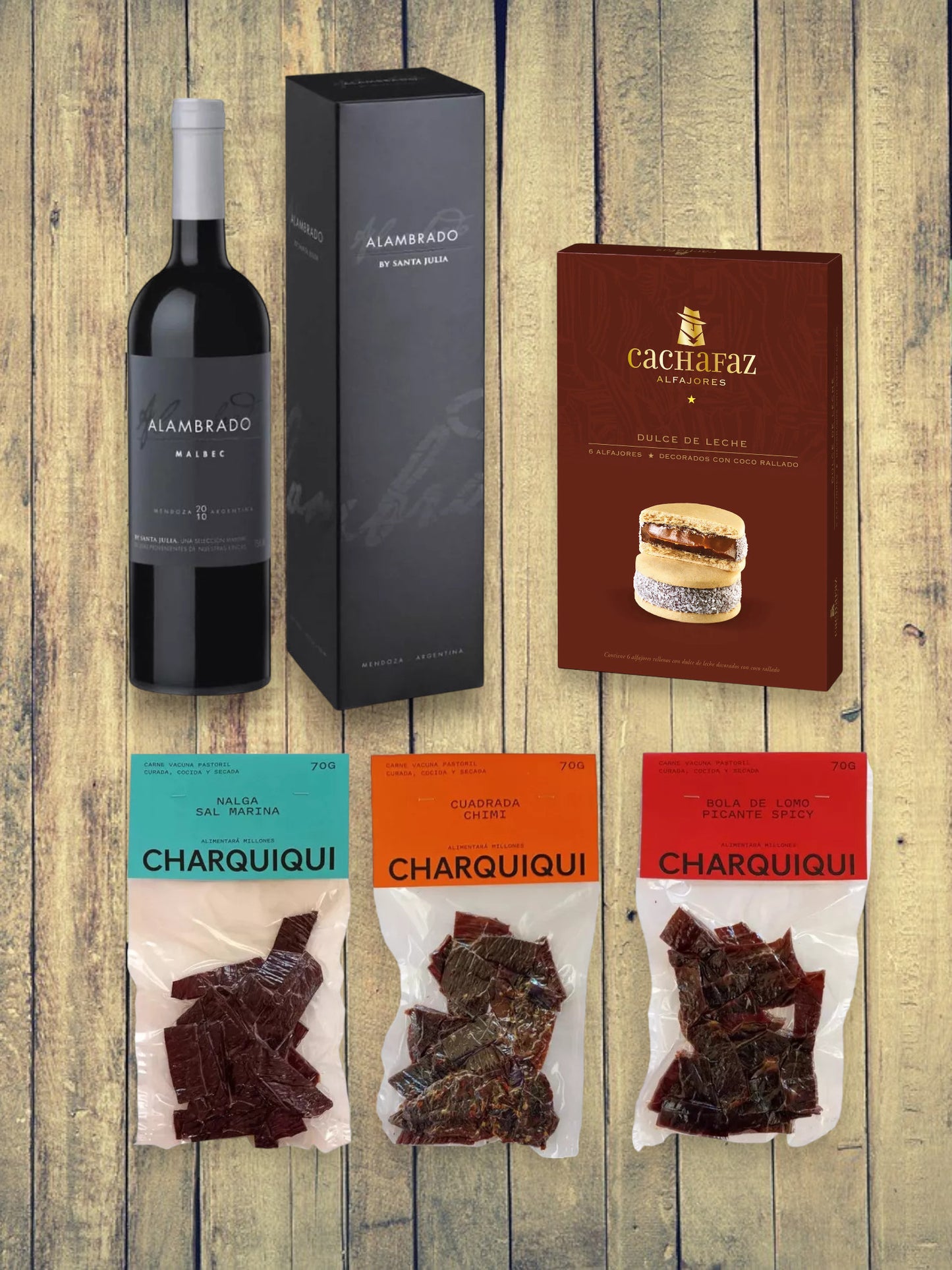 Wine Alambrado Malbec + Charquiqui Set 210 gr + Box of Cachafaz Maicena (6 Alfajores)