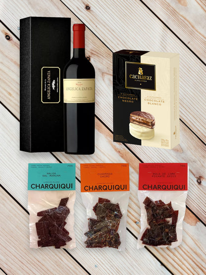 Wine Angelica Zapata + Charquiqui Set 210 gr + Box of Cachafaz Alfajores (12 Alfajores)